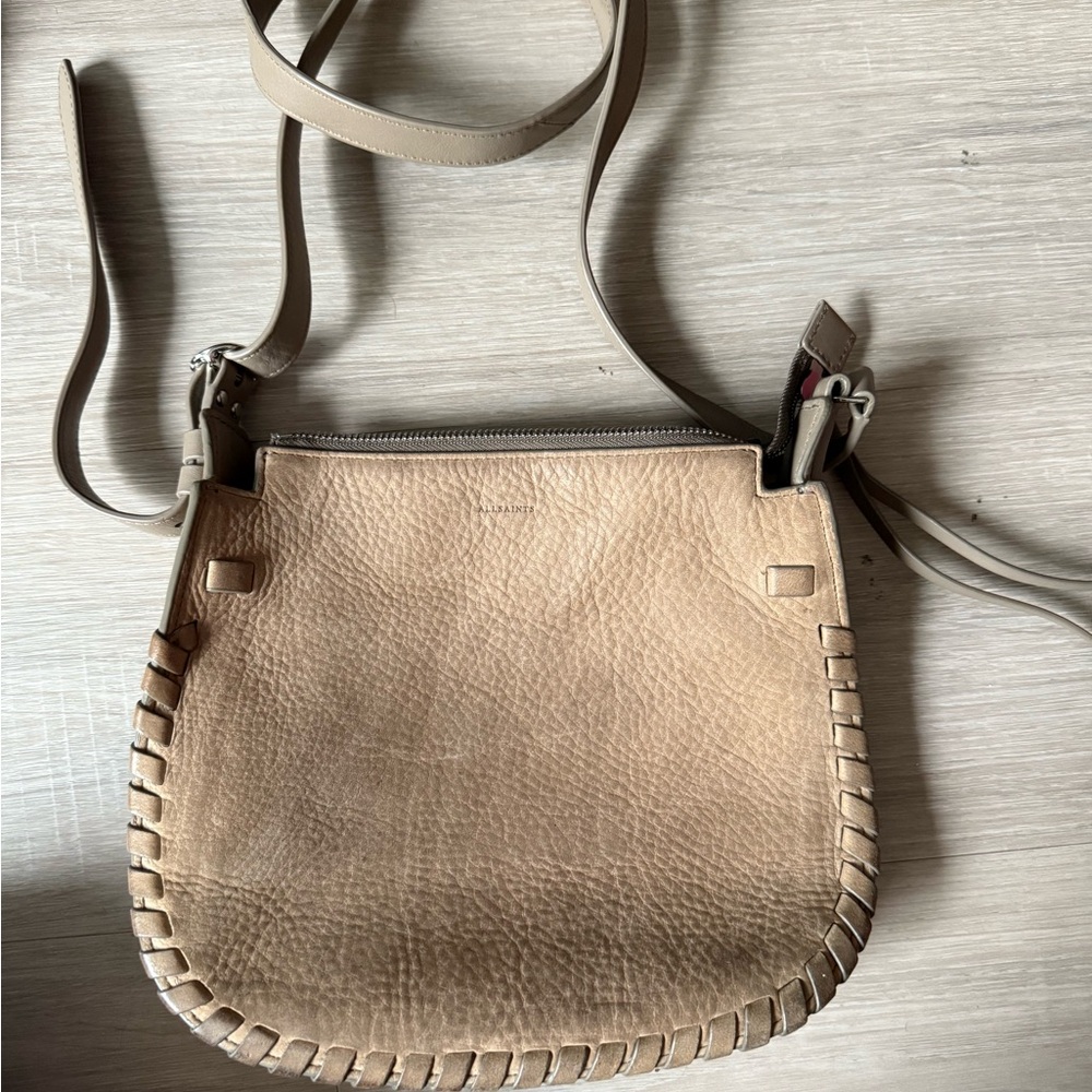 All Saints Tan Crossbody Bag with Whipstitch Detail